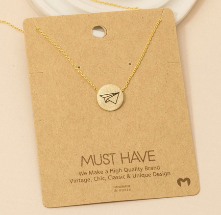 Oragami Plane Etched Coin Pendant Necklace